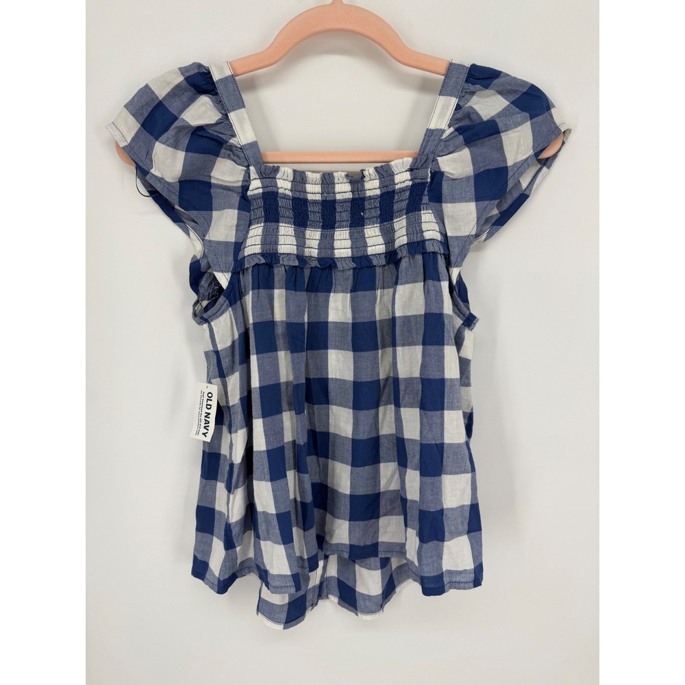 NEW Old Navy Blouse Women XS Blue Gingham Smocked Flutter Sleeve Button Front - Picture 5 of 8